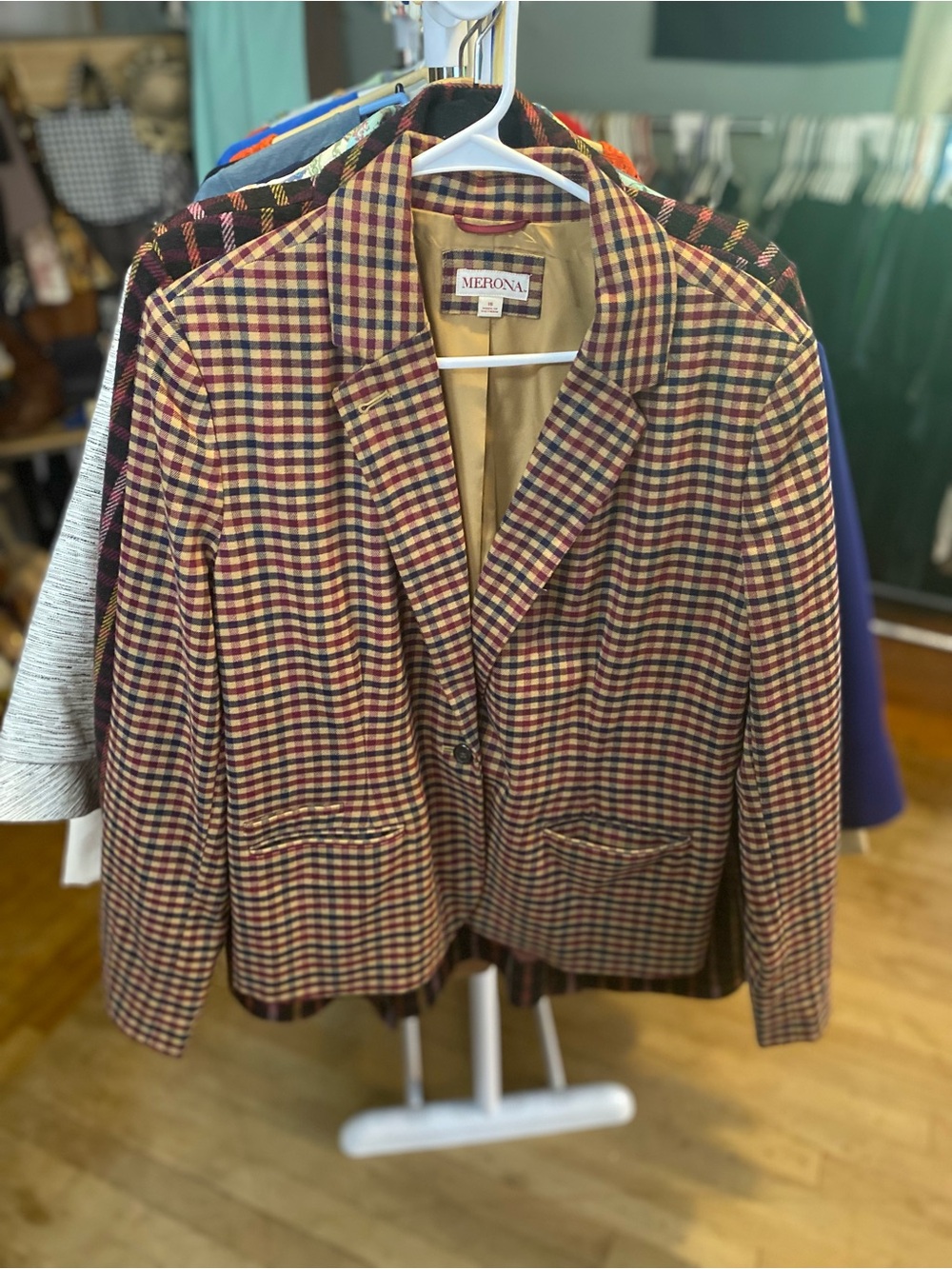 Merona Red, Blue & Tan Plaid Women's Blazer - Picture 4 of 7